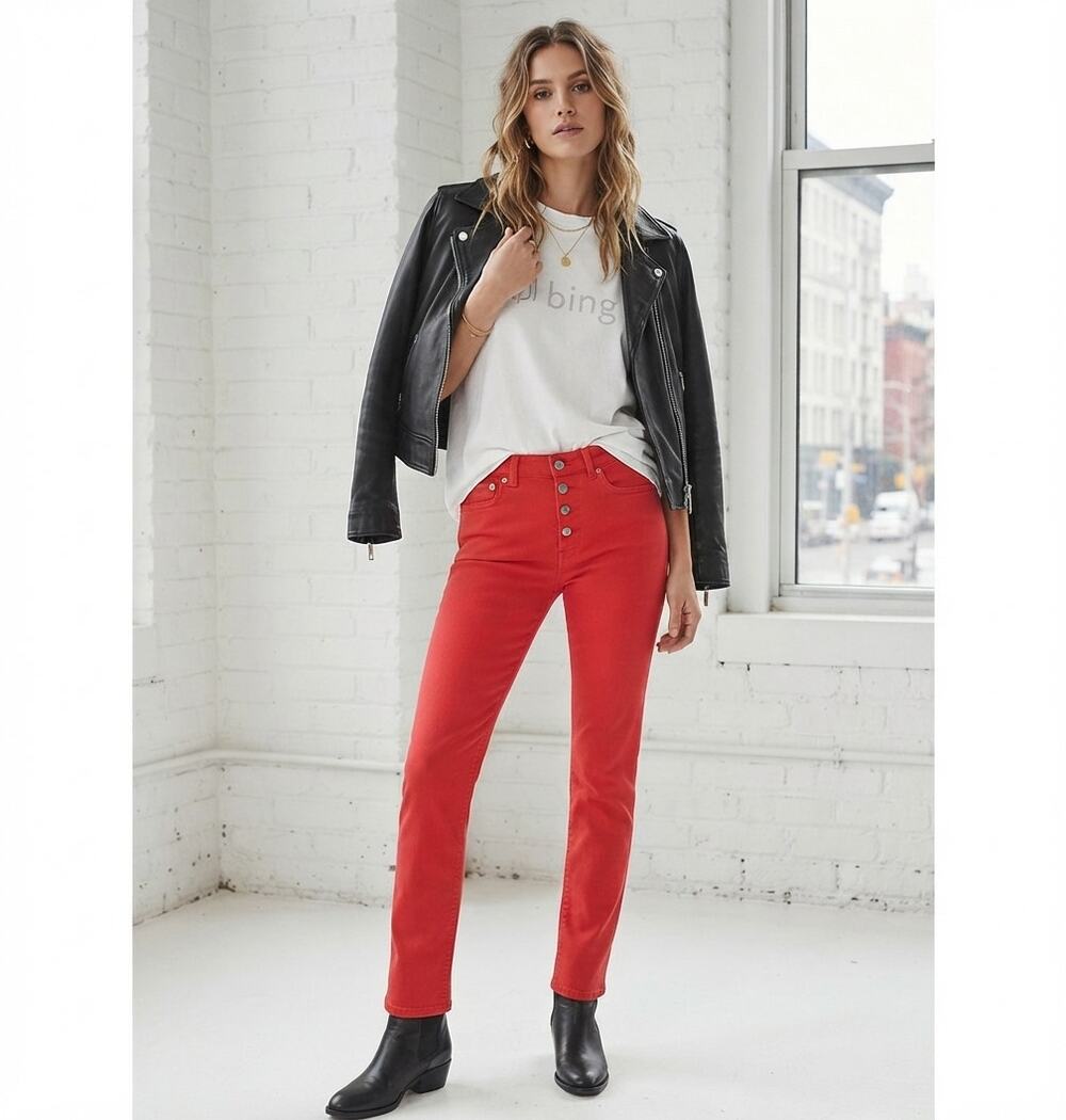 ANINE BING Red Button Fly Cotton Twill Slim Straight Jeans Edgy Streetwear 25